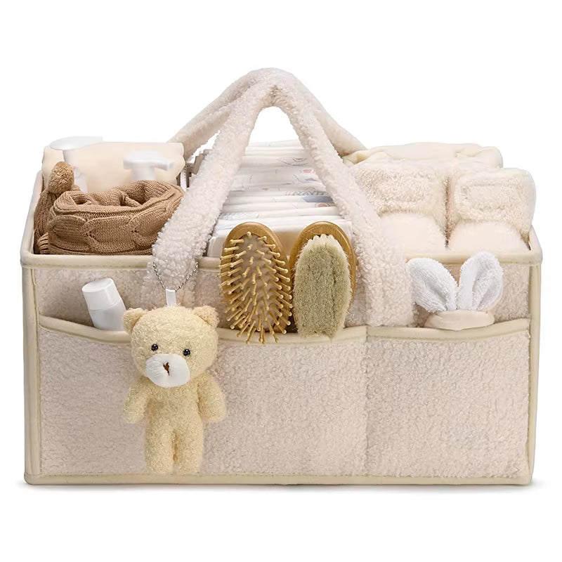 Baby Plush Storage Nursery Organizer Basket Infant Diaper Bag with Handle Caddy Changing Nappy Kids Storage Carrier Large Pocket