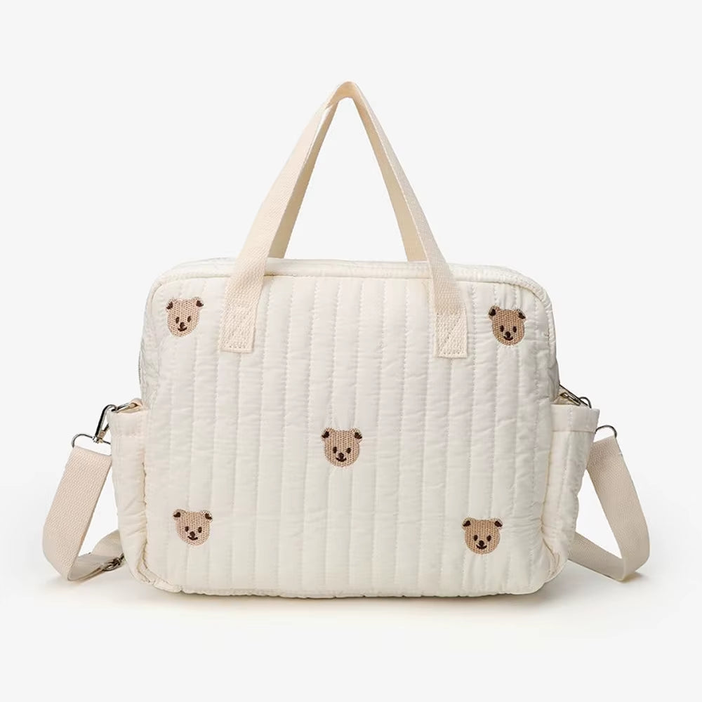 Cute Bear Flower Embroidery Pattern Baby Beige Cotton Fabric Zipper Diaper Handbag New Luggage Bag