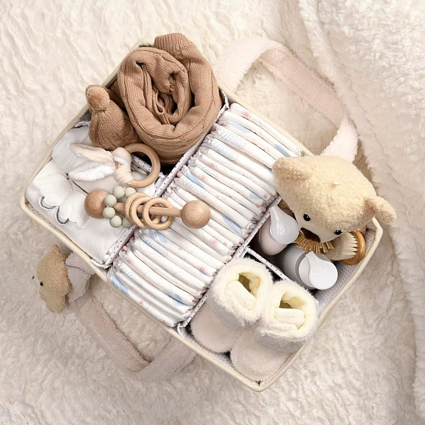 Baby Plush Storage Nursery Organizer Basket Infant Diaper Bag with Handle Caddy Changing Nappy Kids Storage Carrier Large Pocket