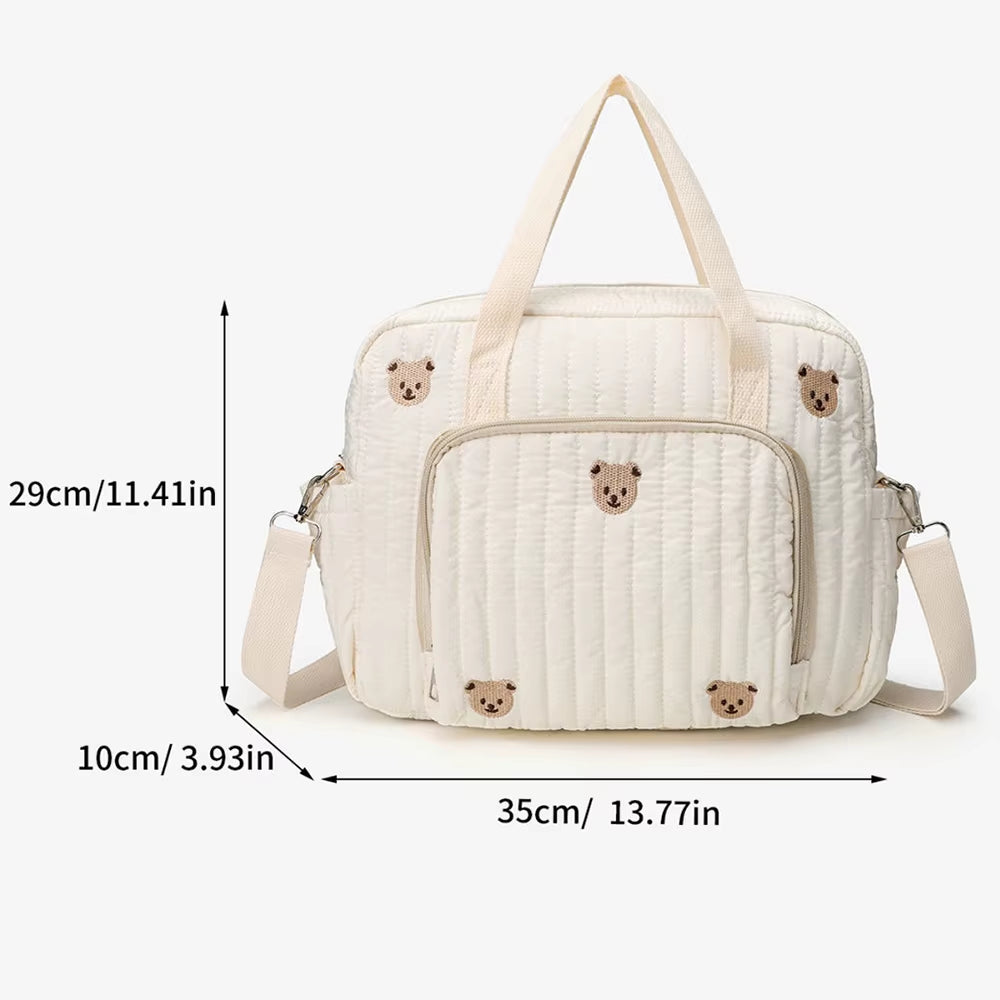 Cute Bear Flower Embroidery Pattern Baby Beige Cotton Fabric Zipper Diaper Handbag New Luggage Bag