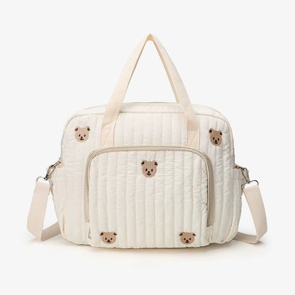 Cute Bear Flower Embroidery Pattern Baby Beige Cotton Fabric Zipper Diaper Handbag New Luggage Bag